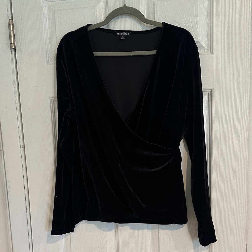 Black Velvet Faux Wrap-Front Long Sleeve Top